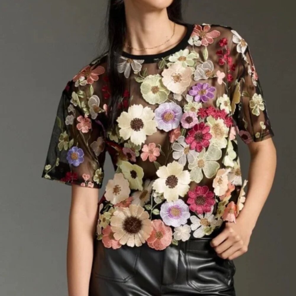 Anthropologie Dolan Left Coast Flower Appliqué Sheer Tee, Medium